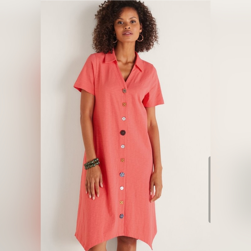 SOFT SURROUNDINGS Coral Pink Button Up Danielle Midi Shirt Dress Size Small